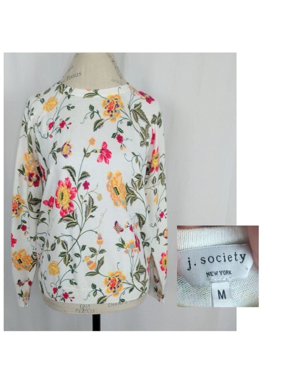 J Society Sweater Medium White Knit Floral